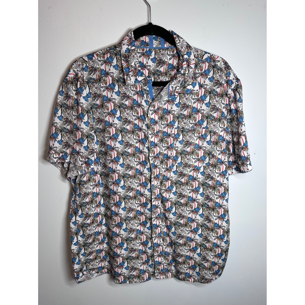 Age of Wisdom Mens Tropical Palm Tree Surfboard  Short Sleeve  Button Shirt L